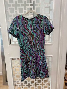 Maje Women's Short Sleeve Sequin Wave-Pattern Dress in Teal & Purple